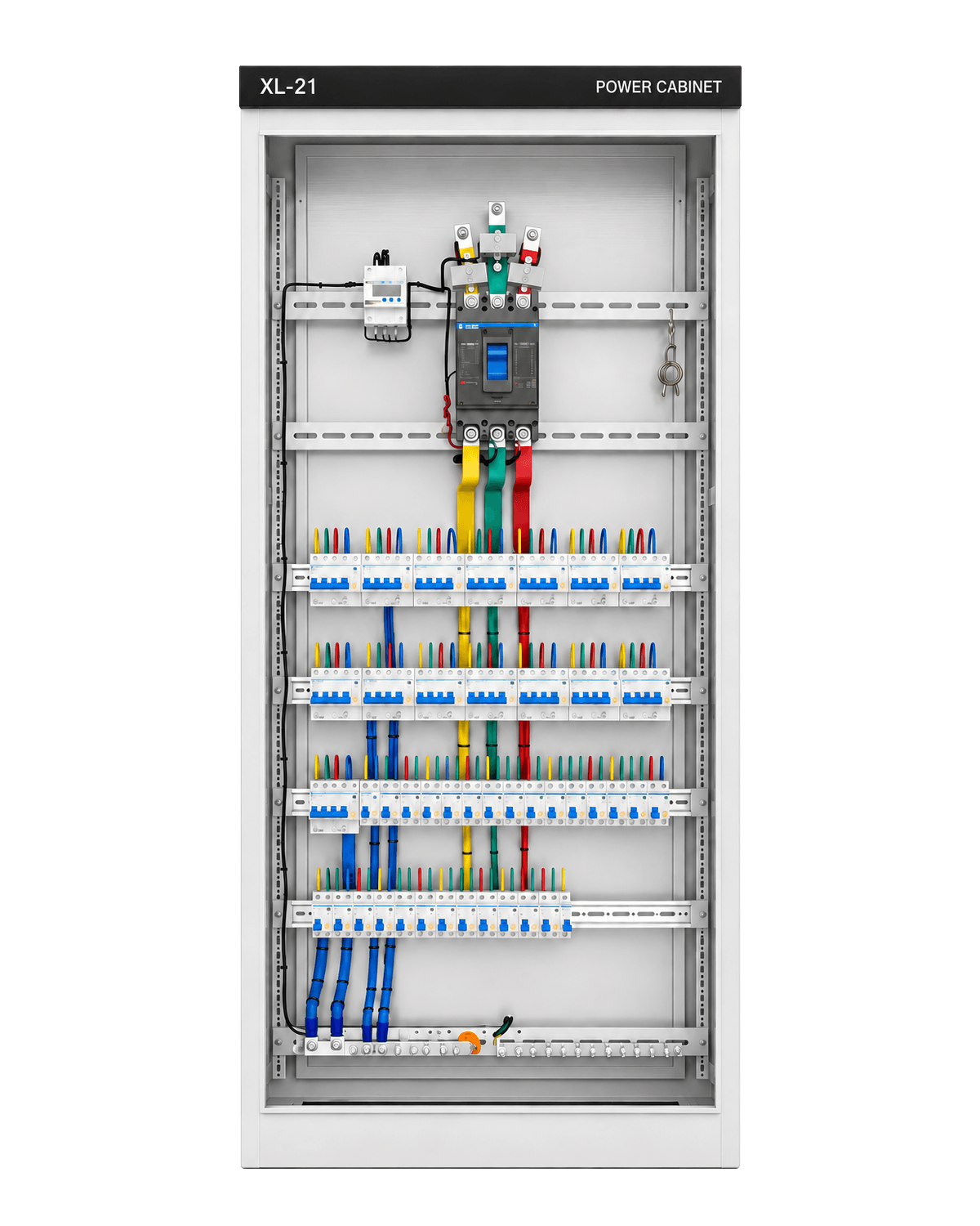 XL-21 power distribution cabinet internal front view with the door panel removed